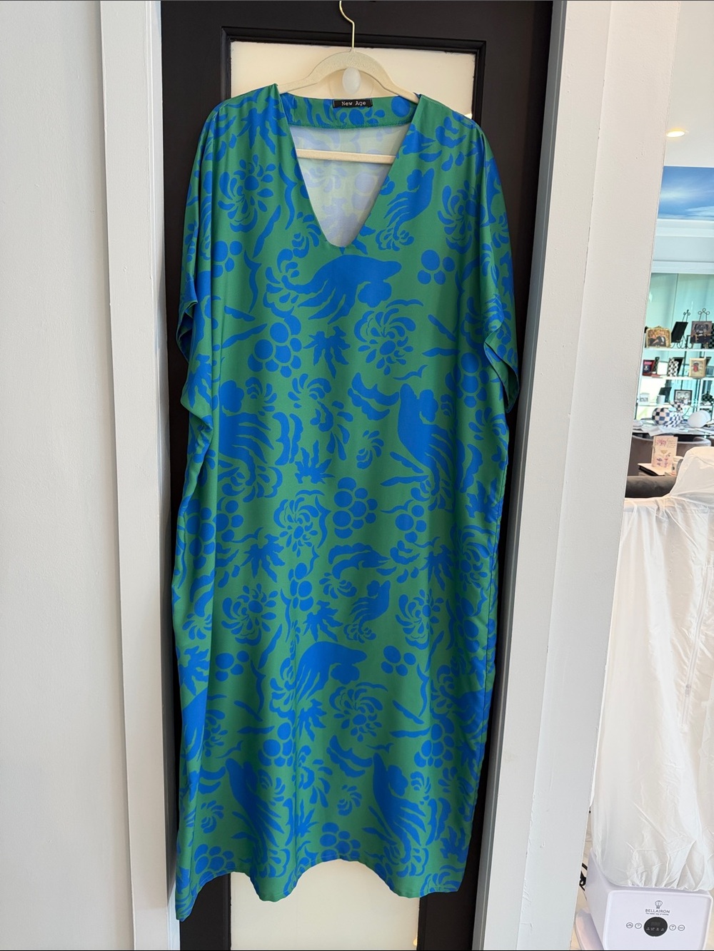 Printed V-Neck Maxi Dress in Blue and Green